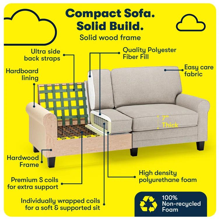 Serta Copenhagen 78" Rolled Arm Sofa, Easy Care Fabric, Soft Pillow Back, Pocket Coil Seat Cushions