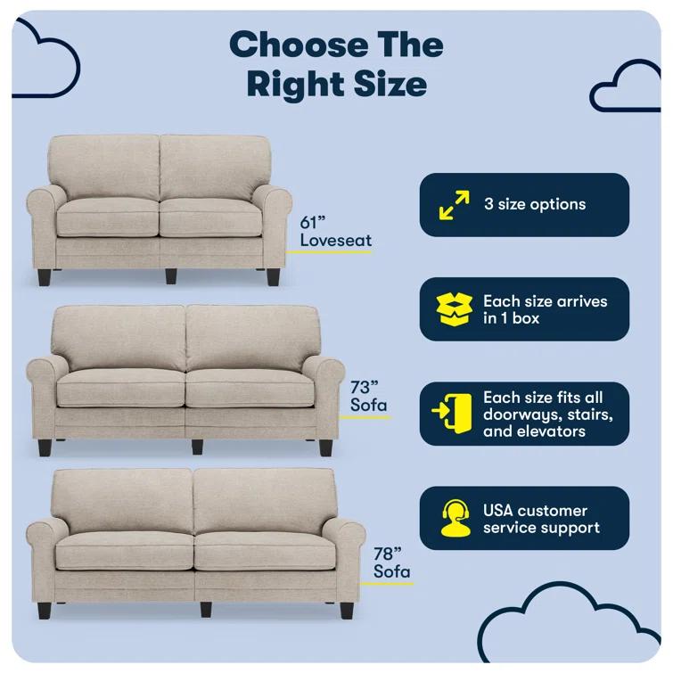Serta Copenhagen 78" Rolled Arm Sofa, Easy Care Fabric, Soft Pillow Back, Pocket Coil Seat Cushions