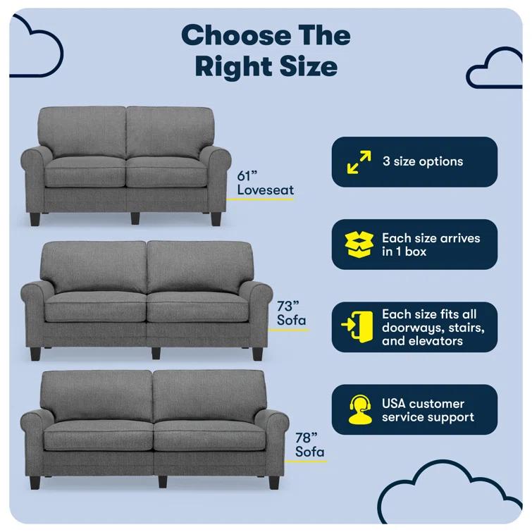 Serta Copenhagen 78" Rolled Arm Sofa, Easy Care Fabric, Soft Pillow Back, Pocket Coil Seat Cushions