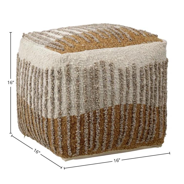 Eugene Mustard and Beige Handwoven Wool Pouf