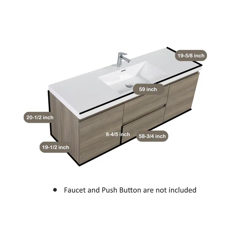 60" Floating Bathroom Vanity Modern Wall-Mounted Storage Vanity with Resin Top Basin, 2 Cabinets and 2 Soft Close Drawers