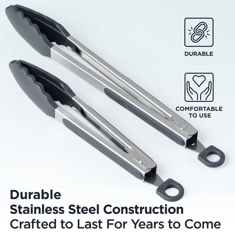 DEISS Deiss Pro 2-Piece Kitchen Tongs with Heat Resistant Silicone Tips for Cooking, BBQ - 9'' and 12'' (Set of 2)