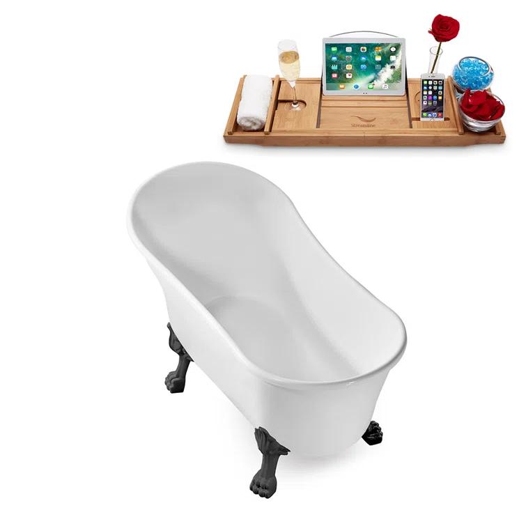 55" Streamline Clawfoot Soaking Acrylic Bathtub With Drain, Clawfeet, and Bamboo Tray