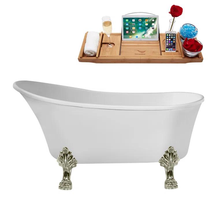 55" Streamline Clawfoot Soaking Acrylic Bathtub With Drain, Clawfeet, and Bamboo Tray