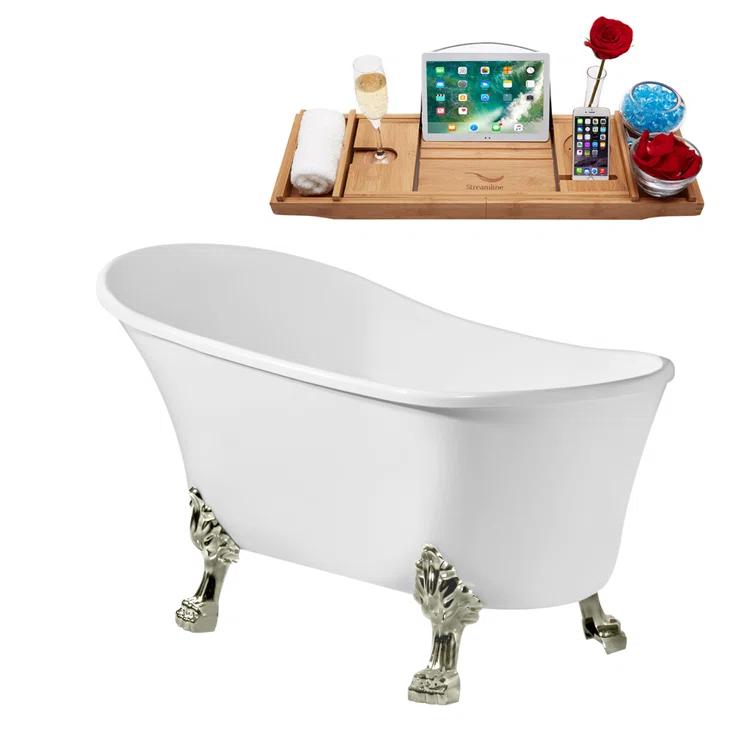 55" Streamline Clawfoot Soaking Acrylic Bathtub With Drain, Clawfeet, and Bamboo Tray