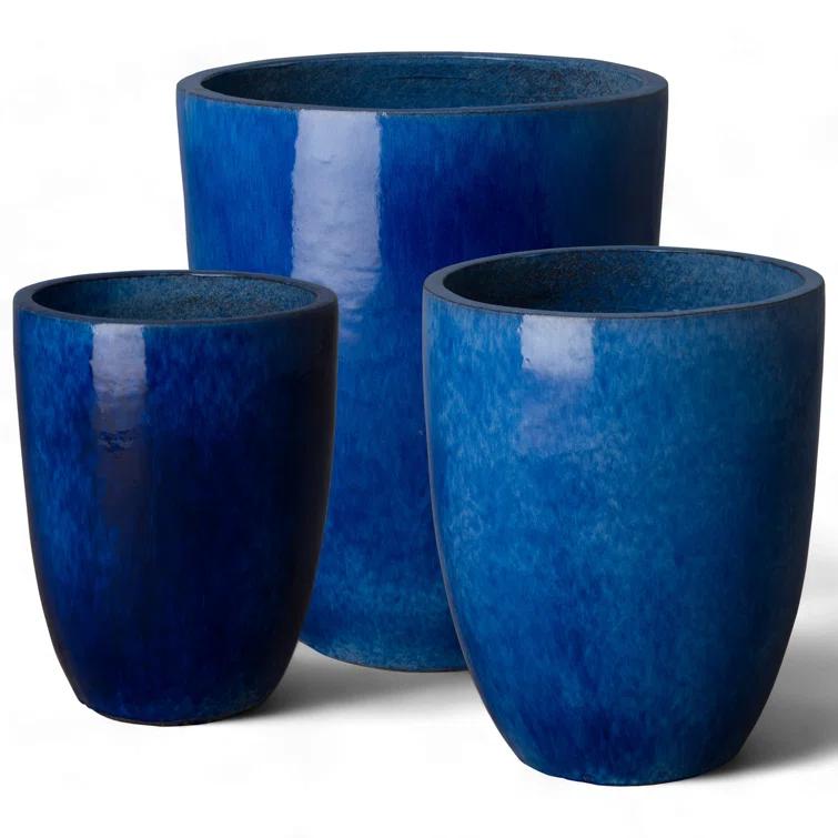 Tall 22 in. D x 28 in. H Blue Ceramic Round Planter with Drainage Hole
