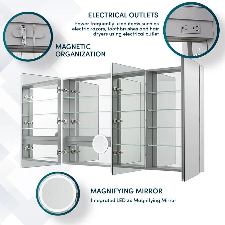Royale Medicine Cabinet with Electrical Outlets, Defogger, Adjustable LED 3X Magnifying Mirror