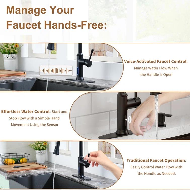 Willow Smart Faucet Touchless Pull Down Sprayer Kitchen Faucet with Voice and Motion Control
