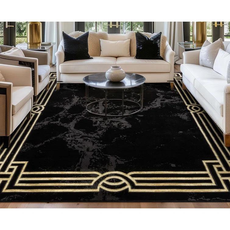 FairmontMarble Abstract Black Gold Glam Area Rug for Living Room, Bedroom, Dining Room and Hallway