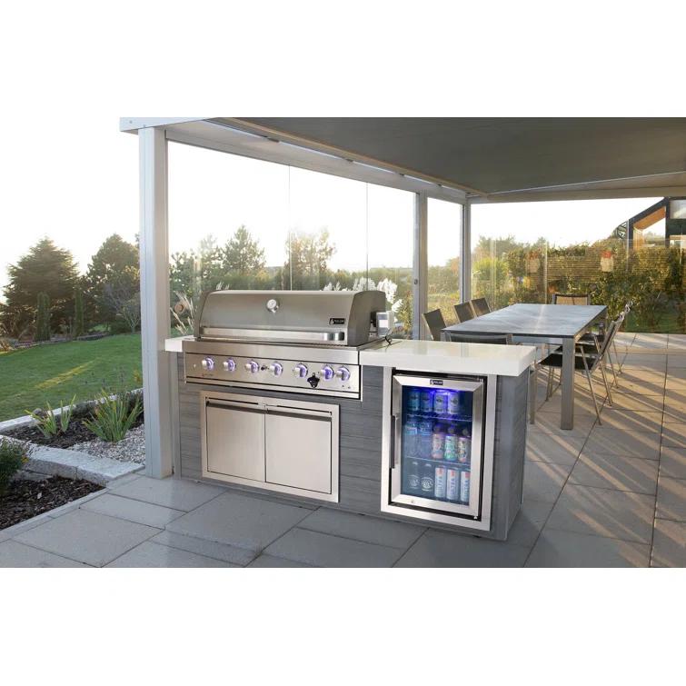 Mont Alpi MA805-AW Artwood Series High Density Polyethylene 6-Burner 87000 BTU Propane Natural Gas Stainless Steel Outdoor Kitchen Island Grill + Granite Countertops + Double Access Doors + Refrigerator