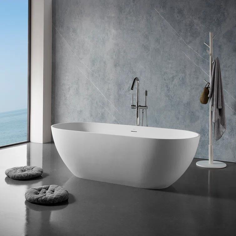 59" x 30" Freestanding Soaking Solid Surface Bathtub Stone Resin Bath Tub with Overflow and Pop-up Drain for Contemporary Bathroom, Glossy/Matte White