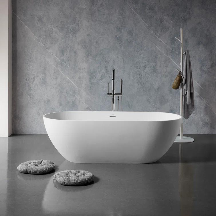 59" x 30" Freestanding Soaking Solid Surface Bathtub Stone Resin Bath Tub with Overflow and Pop-up Drain for Contemporary Bathroom, Glossy/Matte White