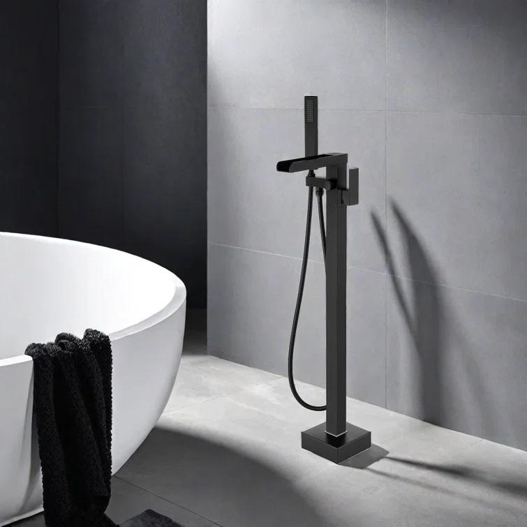 AlenArtWater Waterfall Tub Filler Freestanding Bathtub Faucet Floor Mount Brass Single Handle Bathroom Faucets with Hand Shower 94-LJQKCZ