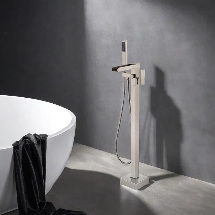 AlenArtWater Waterfall Tub Filler Freestanding Bathtub Faucet Floor Mount Brass Single Handle Bathroom Faucets with Hand Shower 93-LJQKCZ