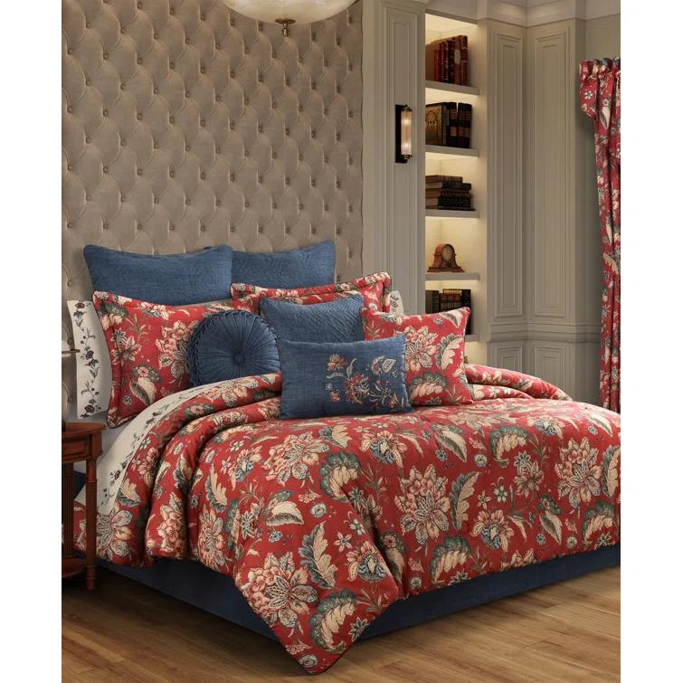 California King Red Cotton Floral Comforter Set