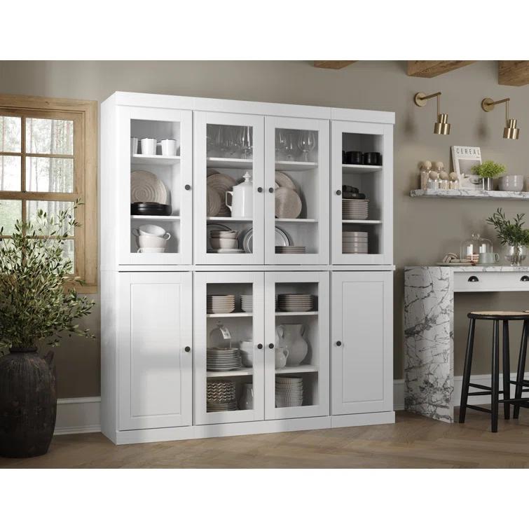 Pulcova 100% Solid Wood 65" Pantry Cabinet with Solid, Clear Glass Doors, 2-Drawers and Adjustable Shelves