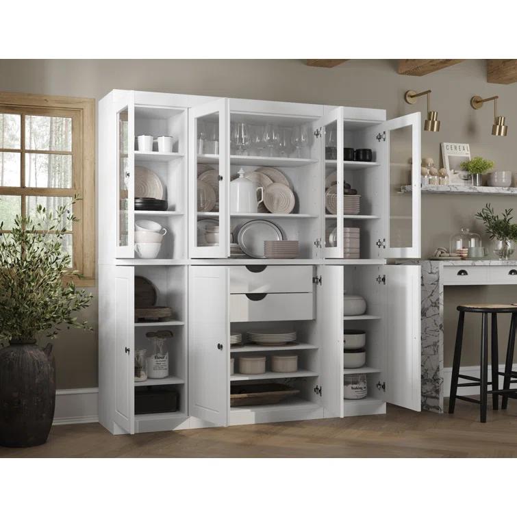 Pulcova 100% Solid Wood 65" Pantry Cabinet with Solid, Clear Glass Doors, 2-Drawers and Adjustable Shelves