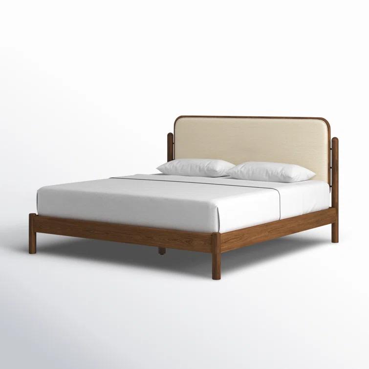 King Oak Upholstered Bed with Ivory Headboard and Drawer