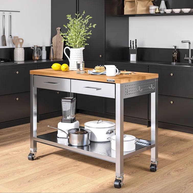 48'' Wide Stainless Steel Kitchen Rolling Cart Island with Solid Wood Top