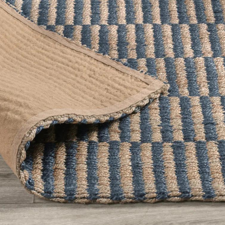 Handmade Blue and Beige Striped Jute Area Rug 8' x 10'