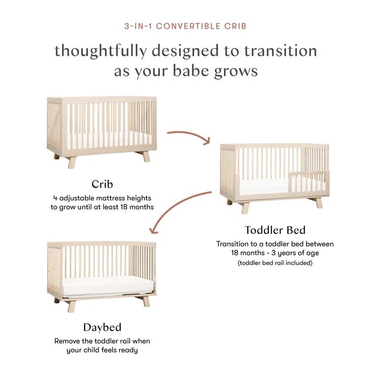 Babyletto Hudson Washed Natural Wood 3-in-1 Convertible Baby Crib with Toddler Bed Conversion Kit