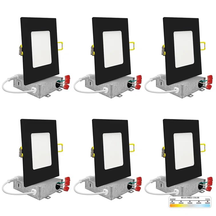 4 in. Slim Canless Square LED Recessed Light 12W 5CCT Dimmable IC Rated 550LM Black Trim 12PK
