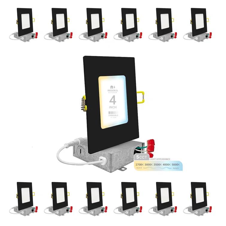 4 in. Slim Canless Square LED Recessed Light 12W 5CCT Dimmable IC Rated 550LM Black Trim 12PK