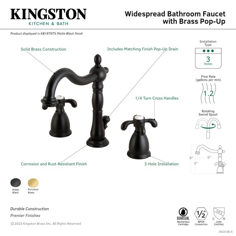 Kingston Brass French Country Two-Handle 3-Hole Deck Mount Widespread Bathroom Faucet with Pop-Up Drain