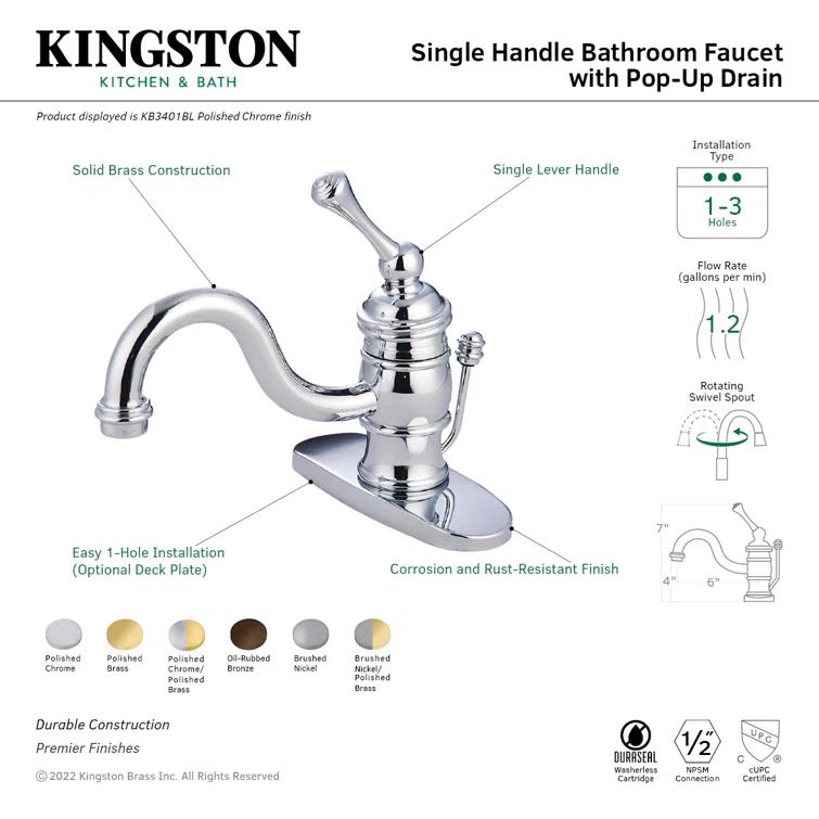Kingston Brass Victorian Single-Handle 1-Hole Deck Mount Bathroom Faucet with Plastic Pop-Up