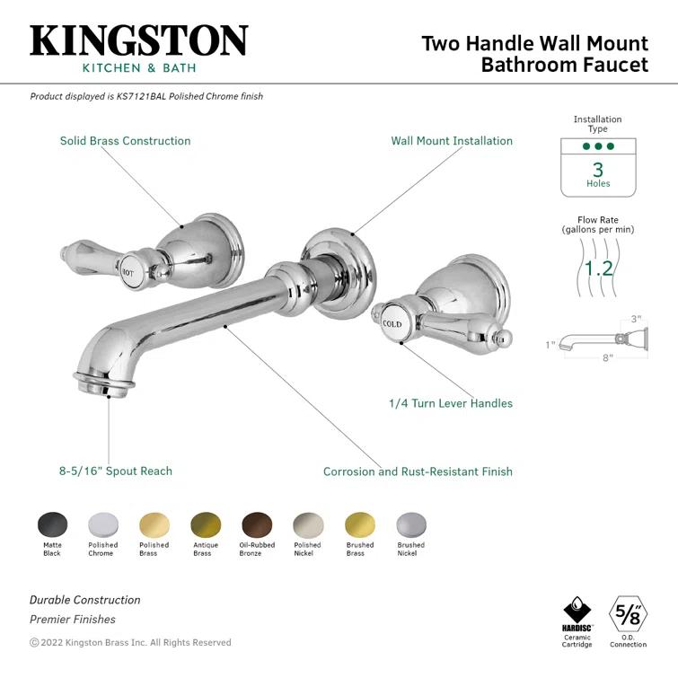 Kingston Brass KS7122BAL Kingston Brass Heirloom Two-Handle 3-Hole Wall Mount Bathroom Faucet