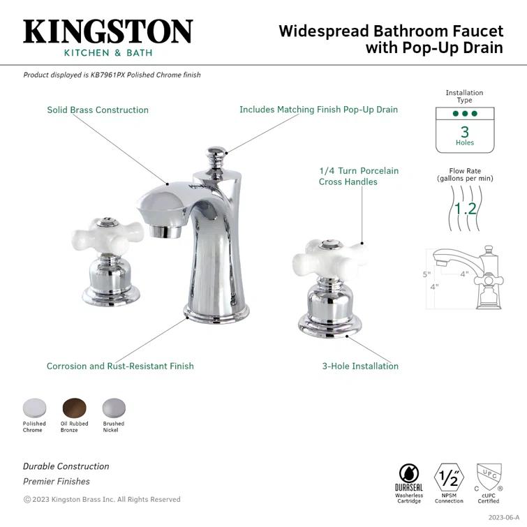 Kingston Brass Victorian Two-Handle 3-Hole Deck Mount Widespread Bathroom Faucet with Retail Pop-Up Drain