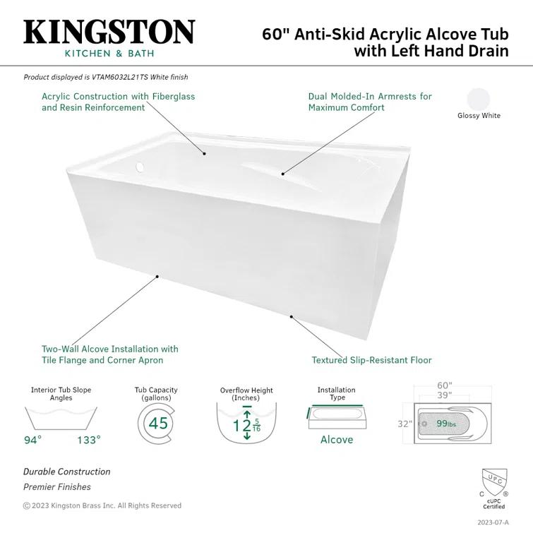 Kingston Brass Aqua Eden 60-Inch Acrylic Rectangular 2-Wall Corner Alcove Tub, Hand Drain