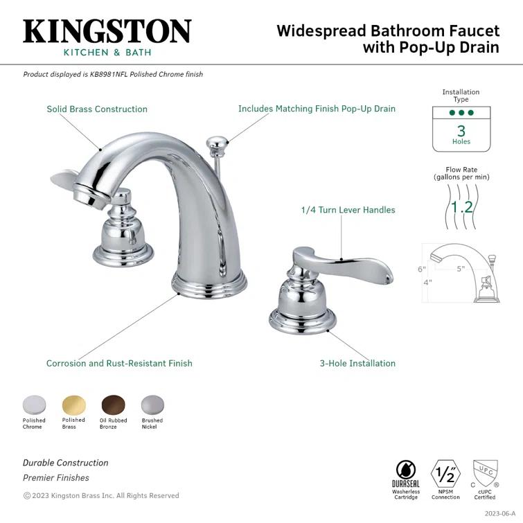Kingston Brass NuWave French Two-Handle 3-Hole Deck Mount Widespread Bathroom Faucet with Retail Pop-Up Drain