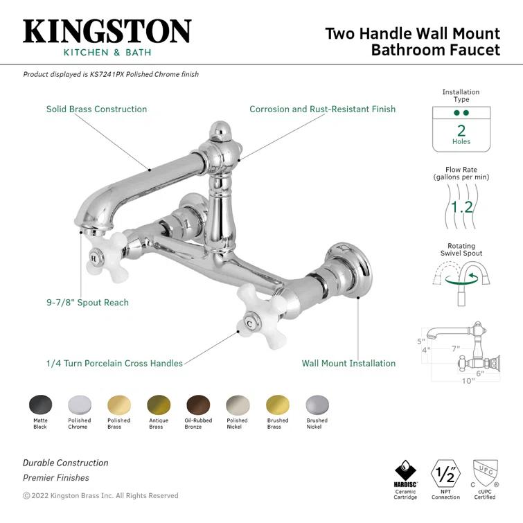 Kingston Brass English Country Two-Handle 2-Hole Wall Mount Bathroom Faucet