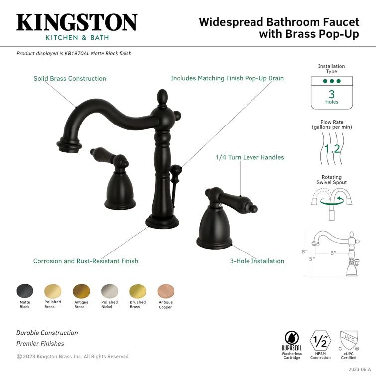 Kingston Brass Heritage Two-Handle 3-Hole Deck Mount Widespread Bathroom Faucet with Pop-Up Drain