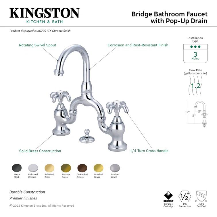Kingston Brass French Country Two-Handle 3-Hole Deck Mount Bridge Bathroom Faucet with Brass Pop-Up