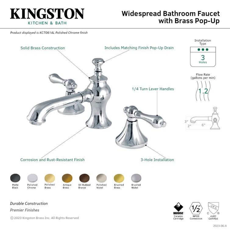 Kingston Brass Vintage Two-Handle 3-Hole Deck Mount Widespread Bathroom Faucet with Brass Pop-Up Drain