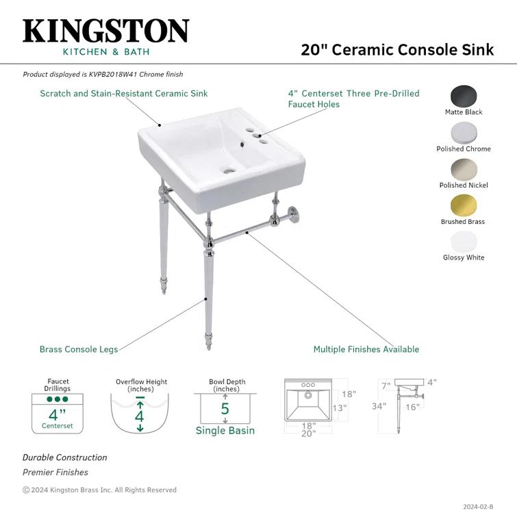 Kingston Brass Edwardian 20-Inch Porcelain Console Sink with Brass Legs (4-Inch, 3-Hole)
