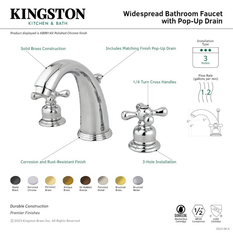 Kingston Brass Victorian Two-Handle 3-Hole Deck Mount Widespread Bathroom Faucet with Retail Pop-Up Drain
