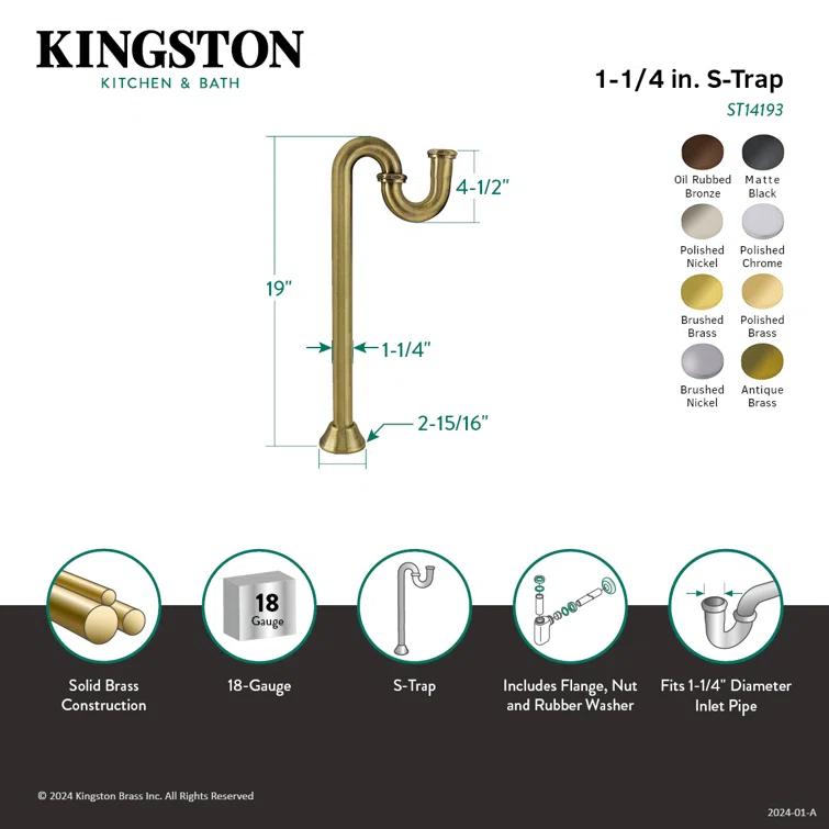Kingston Brass ST14190 Kingston Brass Vintage 1-1/4 Inch Brass S-Trap, 18 Gauge