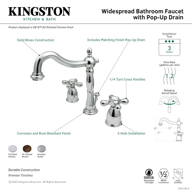 Kingston Brass Heritage Two-Handle 3-Hole Deck Mount Widespread Bathroom Faucet with Pop-Up Drain