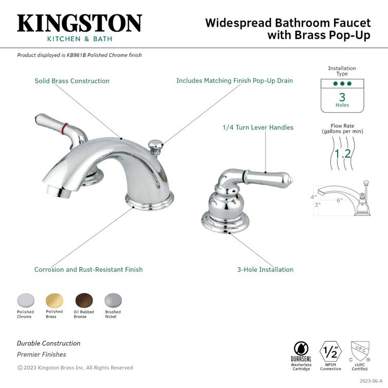 Kingston Brass Magellan Two-Handle 3-Hole Deck Mount Widespread Bathroom Faucet with Brass Pop-Up Drain