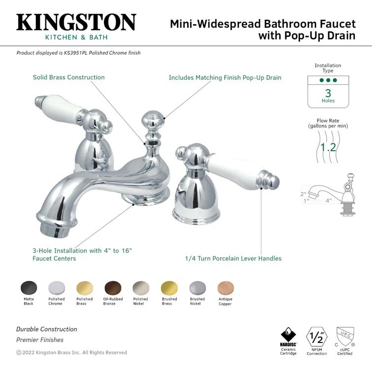 Kingston Brass KS3951PL Kingston Brass Restoration Two-Handle 3-Hole Deck Mount Mini-Widespread Bathroom Faucet with Brass Pop-Up