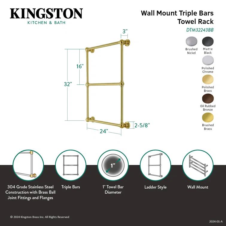 Kingston Brass Palatine 24-Inch Wall Mount 3-Bar Towel Rack