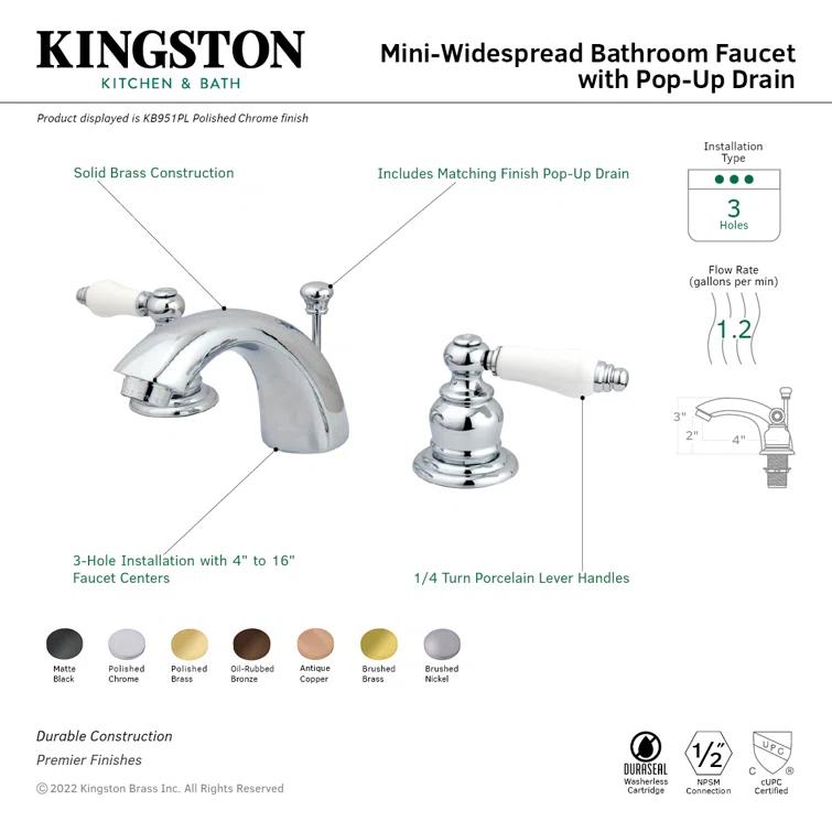 Kingston Brass Victorian Two-Handle 3-Hole Deck Mount Mini-Widespread Bathroom Faucet with Plastic Pop-Up