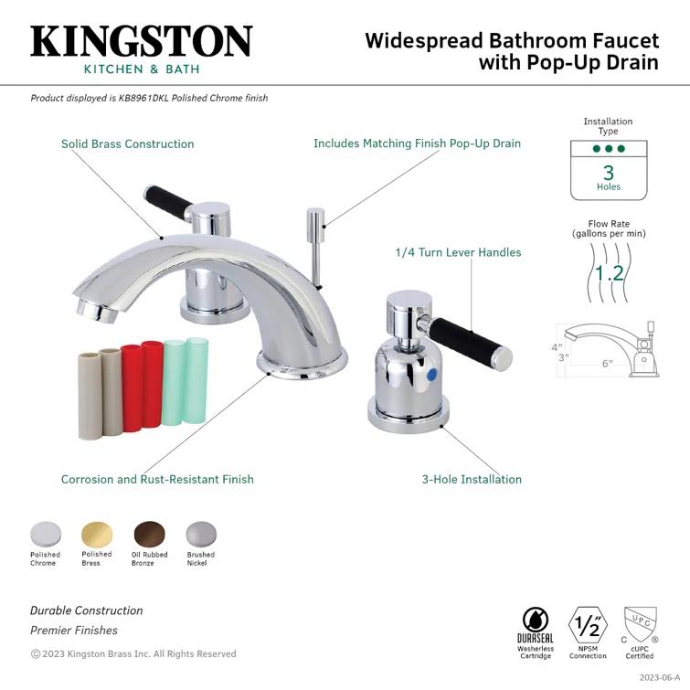 Kingston Brass KB8962DKL Kingston Brass Kaiser Two-Handle 3-Hole Deck Mount Widespread Bathroom Faucet with Retail Pop-Up Drain