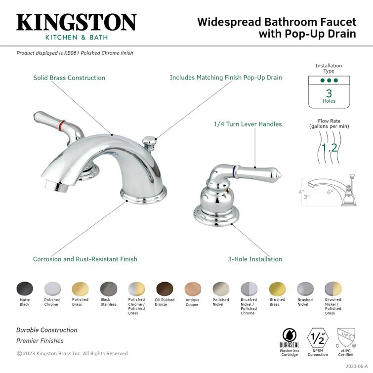 Kingston Brass KB968 Kingston Brass Magellan Two-Handle 3-Hole Deck Mount Widespread Bathroom Faucet with Retail Pop-Up Drain