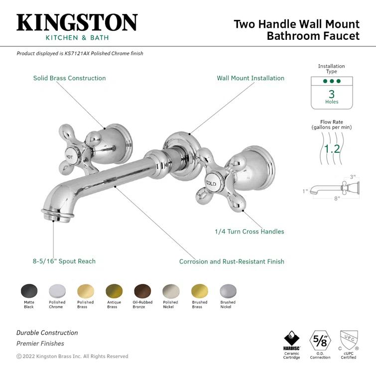 Kingston Brass English Country Two-Handle 3-Hole Wall Mount Bathroom Faucet