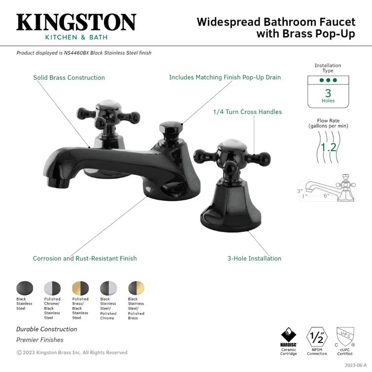 Kingston Brass NS4467BX Kingston Brass Water Onyx Two-Handle 3-Hole Deck Mount Widespread Bathroom Faucet with Brass Pop-Up Drain