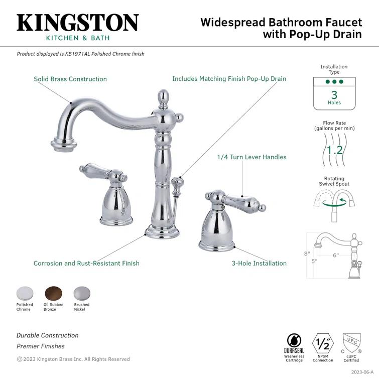 Kingston Brass Heritage Two-Handle 3-Hole Deck Mount Widespread Bathroom Faucet with Pop-Up Drain